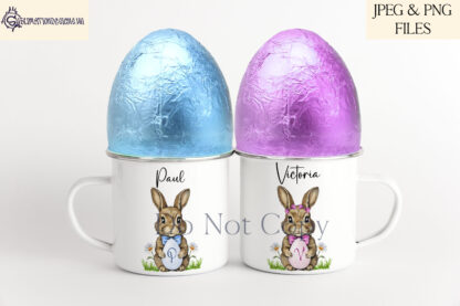 An Easter Bunny Alphabet design set, featuring blue and pink-themed bunnies with textless, "1st", and A-Z variations on the egg. Comes in PNG format.