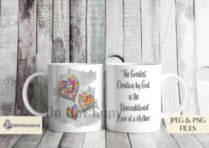 A 12-piece Mother’s Day Mug Wrap Set, featuring floral heart designs with brushstroke backgrounds in teal, pink, and grey. Includes four sentimental message options. Comes in JPEG and PNG formats.