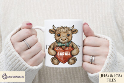 A Highland Cow Love Teddy design set, featuring a teddy bear sitting with a love heart pillow in three variations: textless, "I Love You", and "Happy Valentine’s Day". Comes in JPEG and PNG formats.