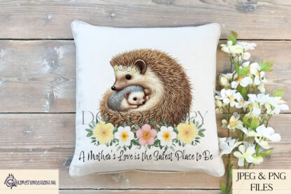 A mother and baby hedgehog design set featuring woodland elements and heartfelt messages. Includes textless, "A Mother’s Love Is the Safest Place to Be", and "A Mother Always Has Time for Hedge Hugs" variations. Comes in JPEG and PNG formats.