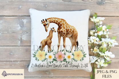 A mother and baby giraffe design set featuring safari elements and heartfelt messages. Includes textless, "A Mother’s Love Stands Tall Through It All", and "A Mother’s Love Reaches the Highest Heights" variations. Comes in JPEG and PNG formats.