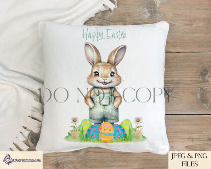 A My First Easter Boy Bunny in Dungarees design set, featuring textless and "1st" variations for personalisation. Comes in JPEG and PNG formats.