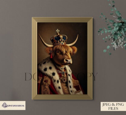 Regal Highland Cow Portraits Design Set featuring king and queen Highland cows on a throne, available with and without a traditional gold gilded frame, perfect for sublimation on wall art, mugs, and novelty gifts.