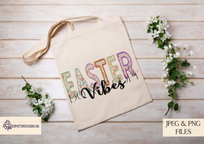 An embroidery-style Easter Vibes design set, featuring pastel and patterned text with a stitched effect. Comes in JPEG and PNG formats.