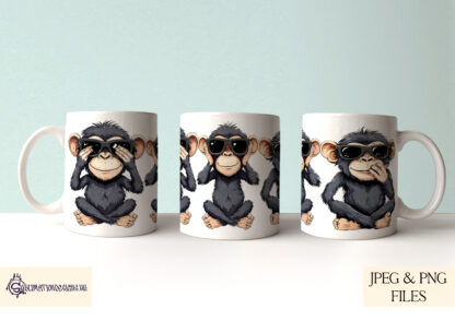 A No Evil Monkeys design set, featuring three classic No Evil monkey poses wearing sunglasses in red, blue, green, and black variations, plus a bonus embroidered-effect red version. Comes in JPEG and PNG formats.