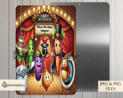 A Kitchen Magic design, featuring vegetables performing magic tricks on stage with three wording variations. Comes in JPEG and PNG formats.