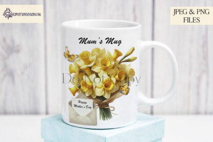 A Flower and Butterfly Design Set, featuring bouquets, vases, baskets, and daffodil arrangements with and without Happy Mother’s Day wording. Comes in JPEG and PNG formats.