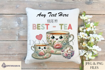 A Best Tea design set for mothers, featuring a floral teacup and saucer representing mother and child, alongside a pot of sugar cubes. Includes three wording variations. Comes in JPEG and PNG formats.