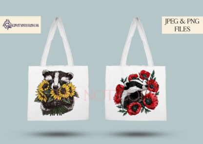 An Artistic Badger and Flower Sublimation Design Set, featuring six detailed badger and floral designs, including roses, sunflowers, poppies, daffodils, tulips, and a bouquet composition. Comes in JPEG and PNG formats.