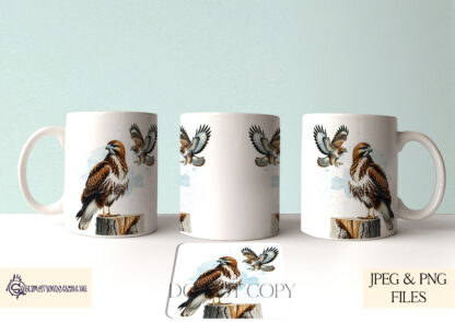 A Birds of Prey Sublimation Design Collection, featuring twelve raptor designs, each with a matching mug wrap. Includes Barn Owl, Tawny Owl, Buzzard, Sparrowhawk, Red Kite, Kestrel, White-tailed Eagle, Goshawk, Long-eared Owl, Little Owl, Peregrine Falcon, and Osprey. Comes in JPEG and PNG formats.