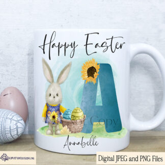 Easter Bunny Sunflower Alphabet Design Set featuring 26 whimsical letters with an Easter bunny in a sunflower dress, perfect for sublimation on gifts and seasonal décor.