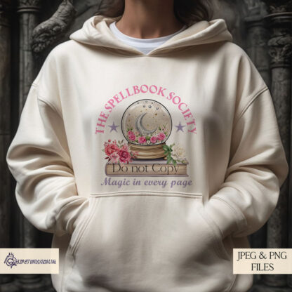 Spell Bookaholic Design Set featuring a pastel floral spellbook with a crystal ball, crescent moon, flowers, and stars, perfect for sublimation on tote bags, bookmarks, and mugs.