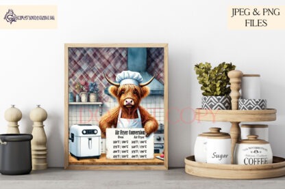 A Highland Cow Air Fryer Chef Design Set, featuring male and female Highland cows dressed as chefs, with blank and air fryer conversion sign variations. Comes in JPEG and PNG formats.