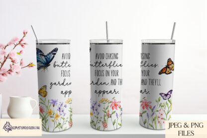 An inspirational Chasing Butterflies Motivational Design Set, featuring a floral and butterfly-framed quote. Includes four templates (Mug Wrap, Resizable Square, Skinny Tumbler, Bookmark). Comes in JPEG and PNG formats.