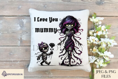 A Comedy Mummy and Child Design Set, featuring a mummy with a child holding a black flower, available in textless and "Happy Mummy’s Day" variations, with child options with and without a hairbow. Comes in JPEG and PNG formats.