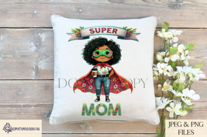 Superhero Mum Clip Art Set featuring superhero mums in floral capes, banners, floral name variations, and fun coffee-fuelled wording, perfect for sublimation on keyrings, mugs, and cards.