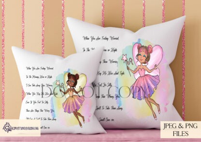 A Worry Fairy Cushion & Pocket Pillow Design Set, featuring six fairies and a bottom design with exclusive wording. Comes in JPEG and PNG formats.