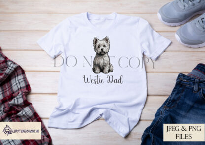 An Embroidered Style West Highland Terrier Design Set, featuring two detailed Westie images and extra wording PNGs for pet parents. Comes in JPEG and PNG formats.