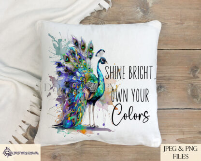 A Peacock Positivity Design Set, featuring a paint splash peacock with two motivational quotes. Comes in JPEG and PNG formats.