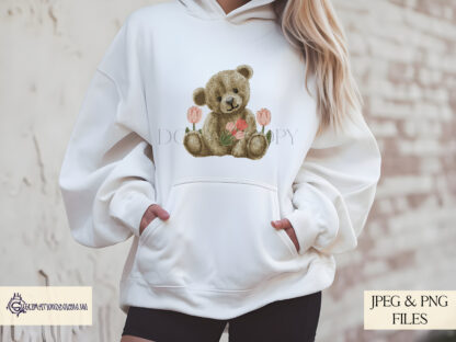 An Embroidered Tulip Teddy Bear Design Set, featuring a teddy bear holding tulips with two heartfelt message options. Comes in JPEG and PNG formats.