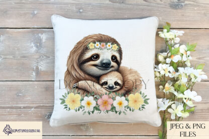 A mother and baby sloth design set featuring heartfelt messages and adorable wildlife elements. Includes textless, "A Mother’s Love Holds on Forever", and "Ultimate Hugger Since Day One" variations. Comes in JPEG and PNG formats.