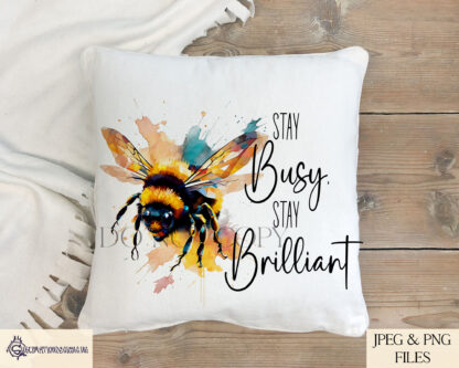 A Bee Positivity Design Set, featuring a paint-splash bee with two motivational quotes. Comes in JPEG and PNG formats.