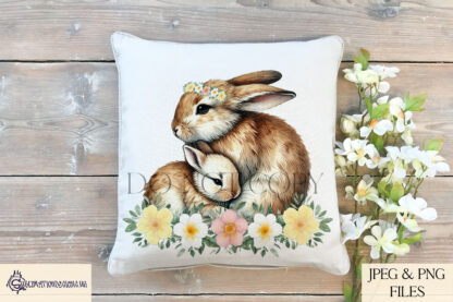 A mother and baby rabbit design set featuring heartfelt messages and delicate woodland elements. Includes textless, "A Mother’s Love Hops Beside You Always", and "A Mother’s Love is Soft but Strong" variations. Comes in JPEG and PNG formats.