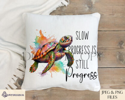 A Turtle Positivity Design Set, featuring two motivational quotes: "Trust the Journey" and "Slow Progress is Progress". Comes in JPEG and PNG formats.