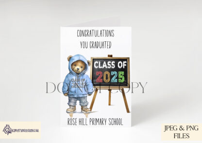 A School Leavers Teddy Bear Clip Art Bundle, featuring a Class of 2025 hoodie in 16 colours, editable PSD file, stack of books, and chalkboard elements. Comes in JPEG, PNG, and PSD formats.