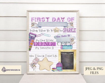 A Personalised Unicorn First Day of School Design Set, featuring four customisable A4 templates for first-day milestones. Comes in JPEG and PNG formats.