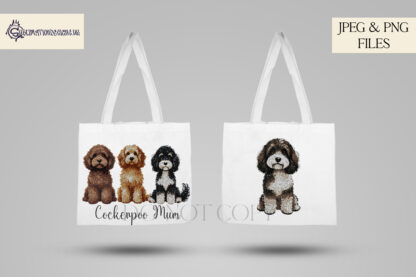 A Doodle Parents Embroidery-Style Clip Art Set, featuring 8 doodle-style Cockerpoo and Cavapoo designs and 16 embroidery-style wording PNGs. Comes in JPEG and PNG formats.