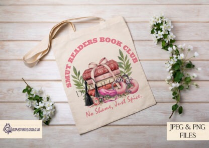 Smut Readers Book Club Design Set featuring a floral book stack with handcuffs, massage oil, whip, and blindfold, perfect for sublimation on tote bags, bookmarks, mugs, and T-shirts.