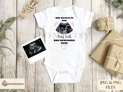 A New Baby Announcement Design Set, featuring space for a baby scan image with editable wording. Comes in Black, Blue, Pink, and Neutral Stone variations. Includes JPEG, PNG, PSD, and a how-to guide.