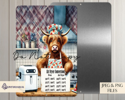 A Highland Cow Air Fryer Chef Design Set, featuring male and female Highland cows dressed as chefs, with blank and air fryer conversion sign variations. Comes in JPEG and PNG formats.