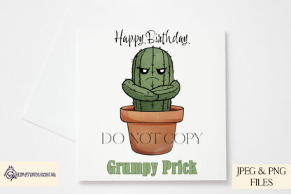 A Comedy Cactus Prick Design Set, featuring 10 unique cartoon cactuses with funny names, a mug wrap, and two T-shirt designs. Comes in JPEG and PNG formats.