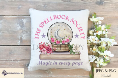 Spell Bookaholic Design Set featuring a pastel floral spellbook with a crystal ball, crescent moon, flowers, and stars, perfect for sublimation on tote bags, bookmarks, and mugs.