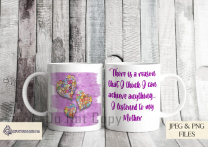 A 12-piece Mother’s Day Mug Wrap Set, featuring floral heart designs with brushstroke backgrounds in teal, pink, and grey. Includes four sentimental message options. Comes in JPEG and PNG formats.