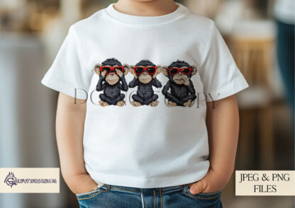 A No Evil Monkeys design set, featuring three classic No Evil monkey poses wearing sunglasses in red, blue, green, and black variations, plus a bonus embroidered-effect red version. Comes in JPEG and PNG formats.