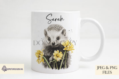 An Artistic Hedgehog and Flower Sublimation Design Set, featuring six detailed hedgehog and floral designs, including roses, sunflowers, poppies, daffodils, and bluebells. Comes in JPEG and PNG formats.