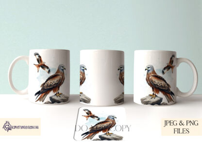 A Birds of Prey Sublimation Design Collection, featuring twelve raptor designs, each with a matching mug wrap. Includes Barn Owl, Tawny Owl, Buzzard, Sparrowhawk, Red Kite, Kestrel, White-tailed Eagle, Goshawk, Long-eared Owl, Little Owl, Peregrine Falcon, and Osprey. Comes in JPEG and PNG formats.