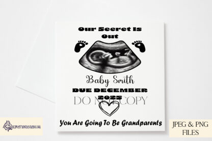 A New Baby Announcement Design Set, featuring space for a baby scan image with editable wording. Comes in Black, Blue, Pink, and Neutral Stone variations. Includes JPEG, PNG, PSD, and a how-to guide.