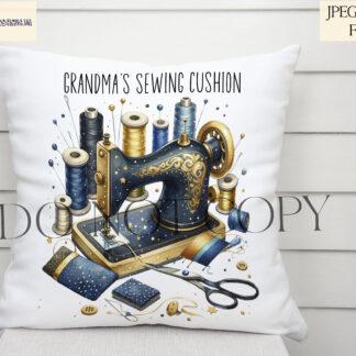 A Sewing Machine Sublimation Design Collection, featuring sewing-themed artwork in Red and Navy Blue with Gold accents. Includes four designs per colour theme, textless versions, and three inspirational quotes. Comes in JPEG and PNG formats.