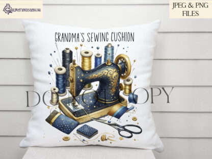 A Sewing Machine Sublimation Design Collection, featuring sewing-themed artwork in Red and Navy Blue with Gold accents. Includes four designs per colour theme, textless versions, and three inspirational quotes. Comes in JPEG and PNG formats.