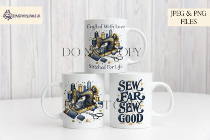 A Sewing Machine Sublimation Design Collection, featuring sewing-themed artwork in Red and Navy Blue with Gold accents. Includes four designs per colour theme, textless versions, and three inspirational quotes. Comes in JPEG and PNG formats.