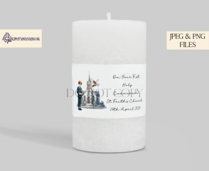 Holy Communion Boys & Girls Design Set featuring 12 elegant illustrations of boys and girls in their Communion attire, standing outside a church, perfect for sublimation on greeting cards, candles, and keepsakes.