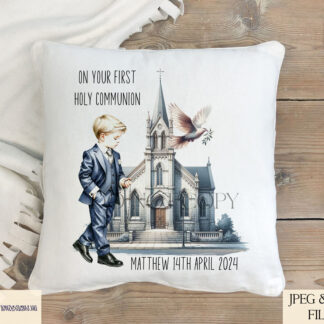 Holy Communion Boys & Girls Design Set featuring 12 elegant illustrations of boys and girls in their Communion attire, standing outside a church, perfect for sublimation on greeting cards, candles, and keepsakes.