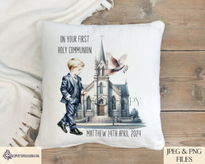 Holy Communion Boys & Girls Design Set featuring 12 elegant illustrations of boys and girls in their Communion attire, standing outside a church, perfect for sublimation on greeting cards, candles, and keepsakes.