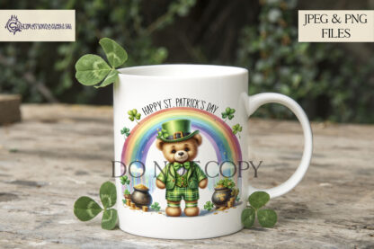 A St. Patrick’s Day Rainbow Teddy Bear Bundle, featuring four teddy bears standing under a rainbow with pots of gold and clovers. Includes textless and Happy St. Patrick’s Day versions. Comes in JPEG and PNG formats.