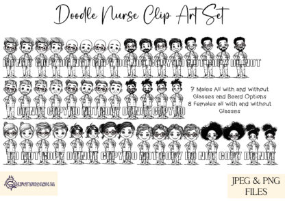 A Medical Nurse Doodle Art Clip Art Set, featuring 72 elements, including male and female characters, customisable outfits, and accessories. Comes in JPEG and PNG formats.