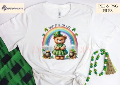 A St. Patrick’s Day Rainbow Teddy Bear Bundle, featuring four teddy bears standing under a rainbow with pots of gold and clovers. Includes textless and Happy St. Patrick’s Day versions. Comes in JPEG and PNG formats.